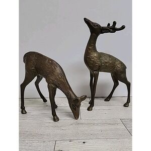 Solid Brass Buck and Doe Deer Pair Vtg Figurines Sculptures Set of 2 Nice Patina